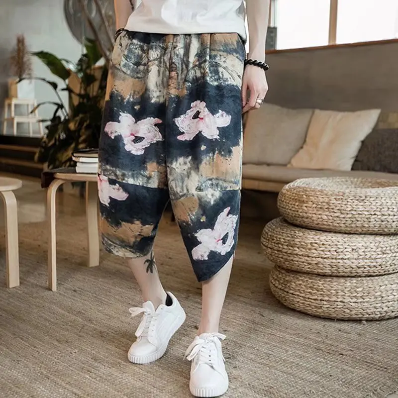 2024 Summer New Harlan Trousers Patchwork Elastic Mid Waist Pockets Printing Asymmetrical Classic Trendy Loose Casual Pants