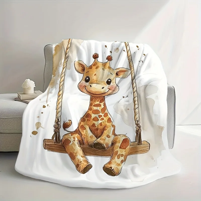 A Vibrant Digital Print Fleece Blanket Featuring a Giraffe, Soft And Lightweight, Suitable for Sofas, Beds, Cars, Napping, Campi