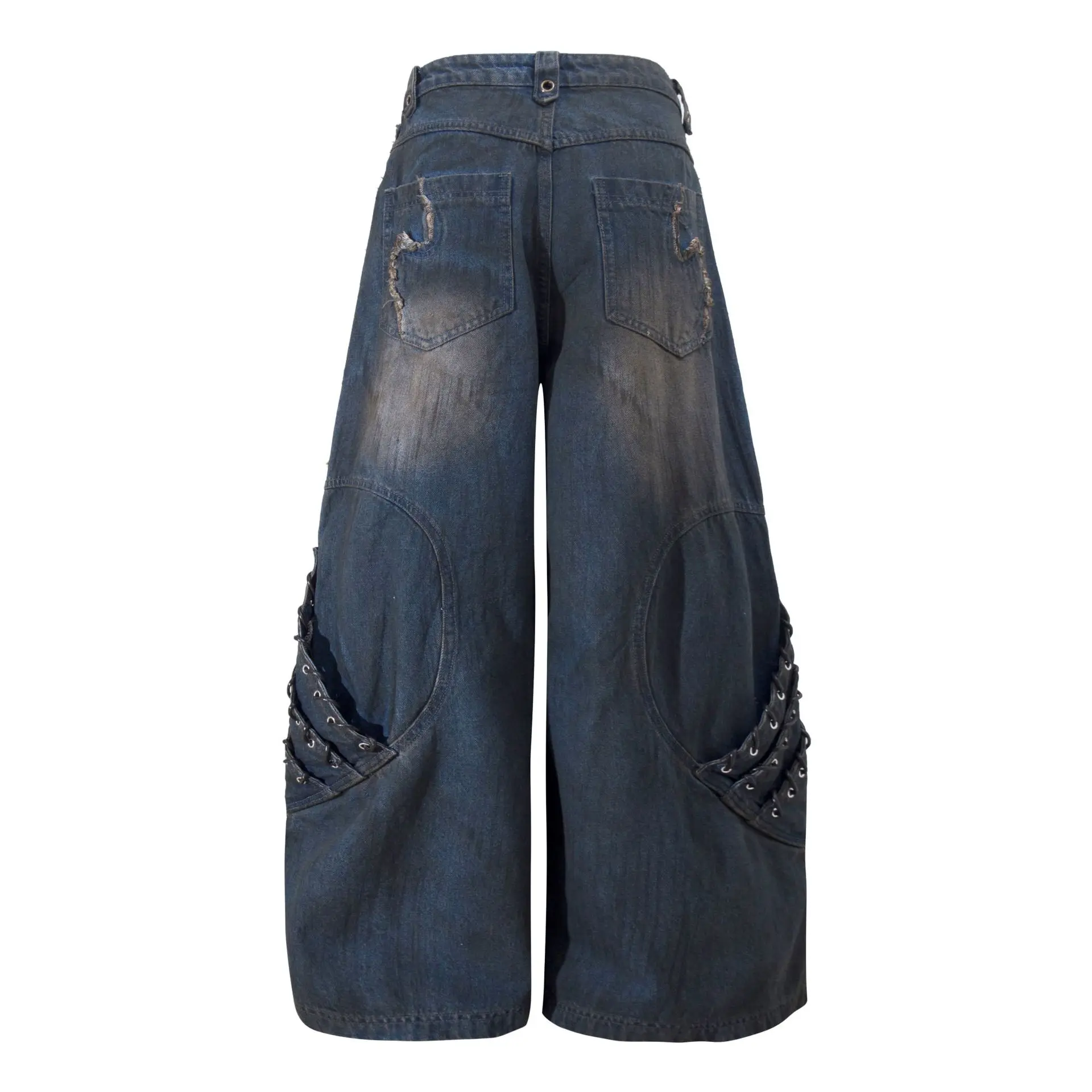High Street Heavy Industry Waste Soil Style Deconstruction Washed Denim Jeans Men's Fringed Edges and Tassel Wide Leg Pants