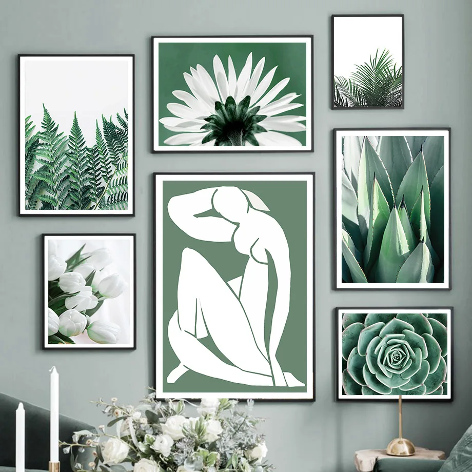 Green Matisse Girl Cactus Plant Leafy Flower Wall Art Canvas Painting Nordic Posters and Prints Pictures For Living Room Deco