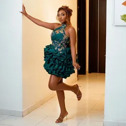 Hunter Green Short Cocktail Dresses Aso Ebi Halter Beads Appliques Aso Ebi Party Dress With Tiered Bottom vestidos de cóctel