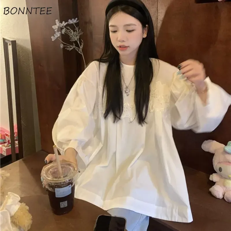 

White Blouses Women Gentle Lace Design Vintage Age-reducing Loose Spring Girlish Graceful Lantern Sleeve Korean Style Minority