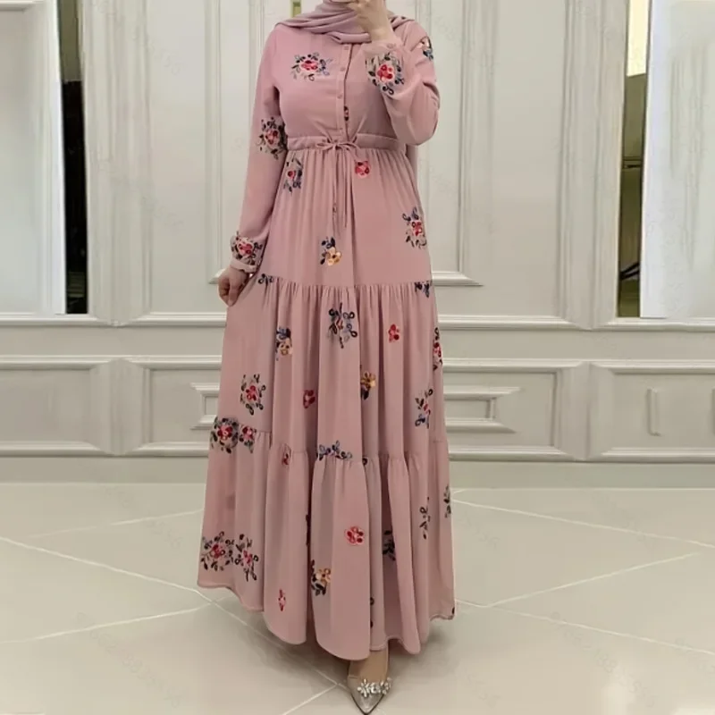 Long Sleeve Lace-up Kaftan Embroider Slim-fit Maxi Dresses for Women Abaya Dubai Islam Muslim Dress Women Robe Elegante Femme