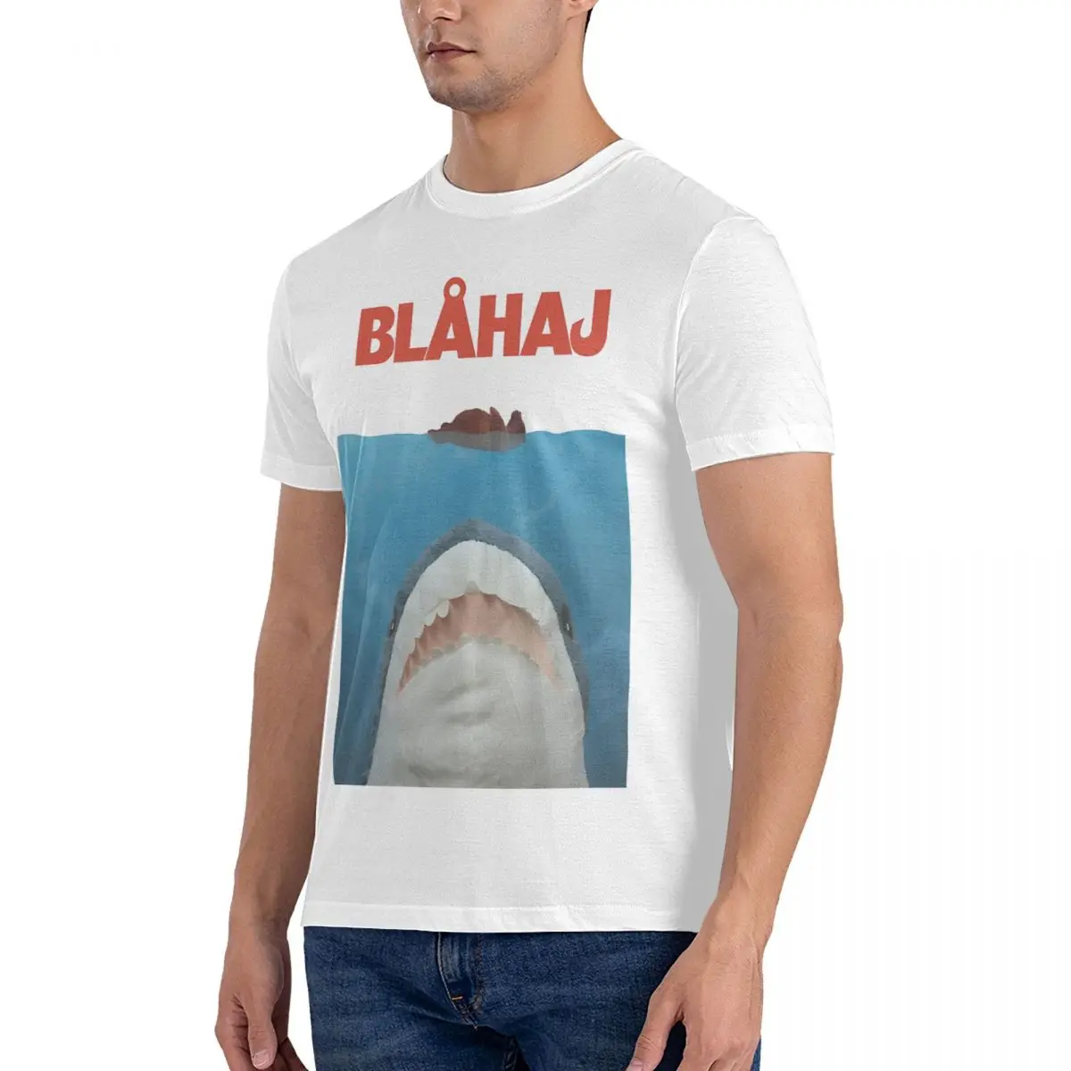 Jaws Poster Men's T Shirts Blahaj Amazing Tee Shirt Short Sleeve Round Collar T-Shirts 100% Cotton Graphic Printed Clothing