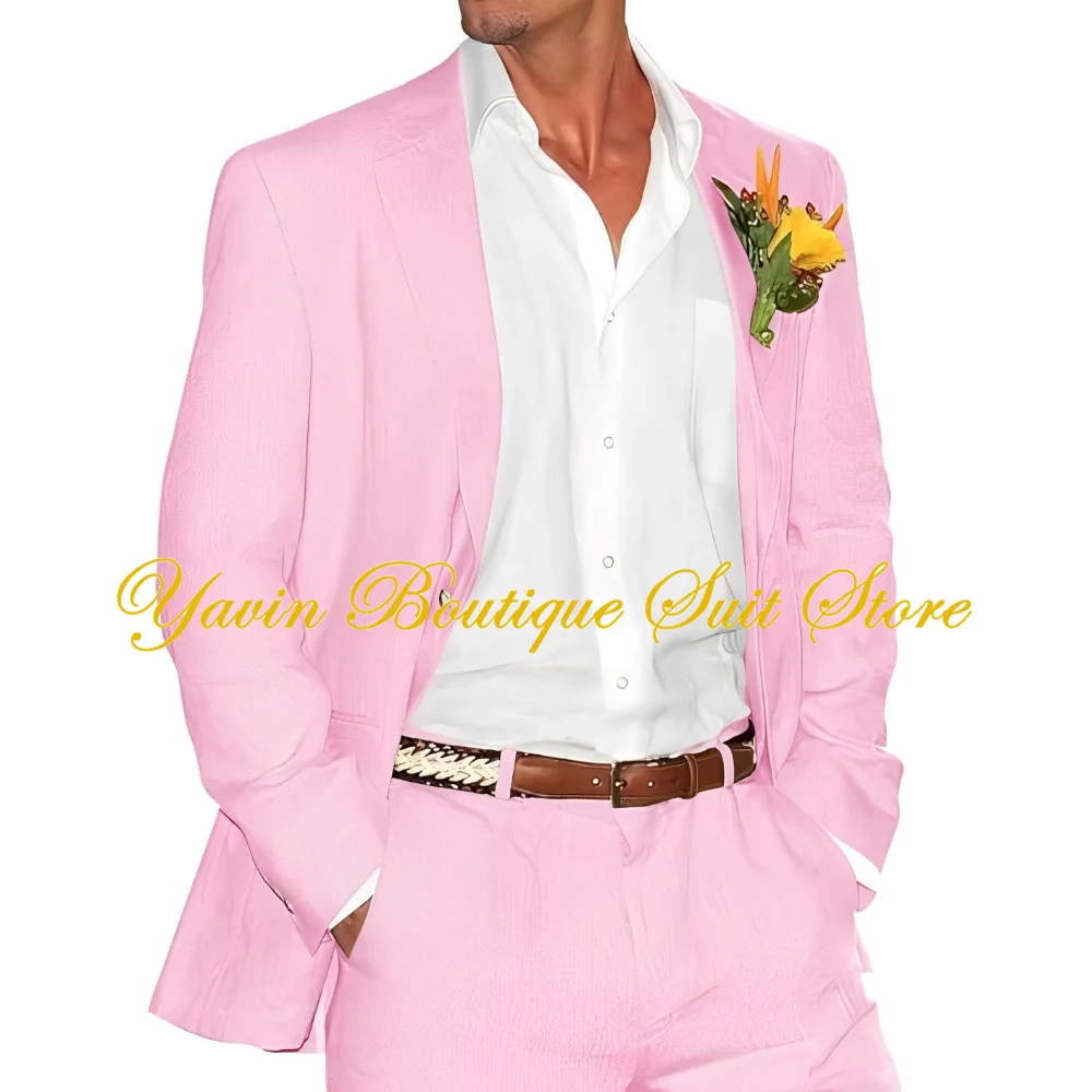 Completo da uomo in lino 2 pezzi Slim Fit per uomo Summer Beach Wedding Groom giacca di lino Set di pantaloni di lino