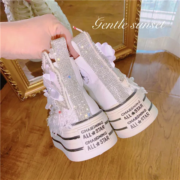 New Thick Bottom Lace Up Canvas Shoes Sweet Dingzhu Crystal Little White Shoes