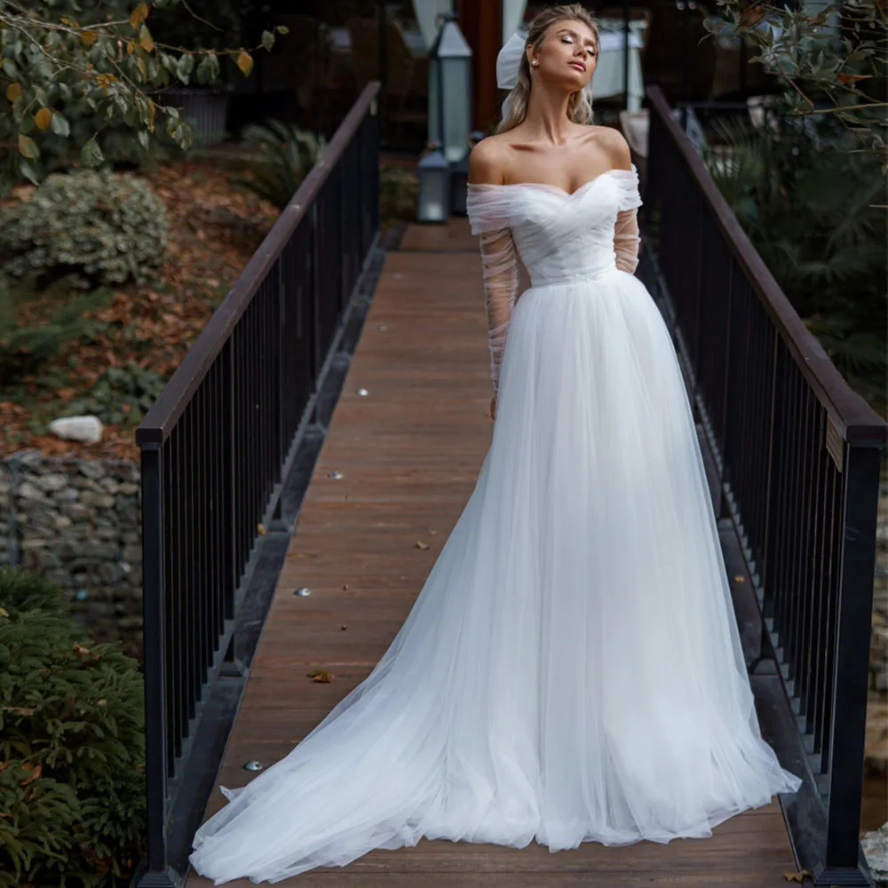 Elegante vestido de novia con chaqueta sin hombros, manga larga, para playa, línea A, Espalda descubierta, tul blanco, vestidos de novia largos