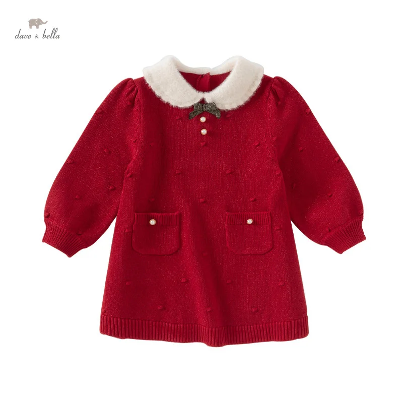 Dave Bella Princess Dress Girls Baby Children 2024 New Autumn Winter Charm Cute Red Fashion Long Sleeved Party Dress DB4243420