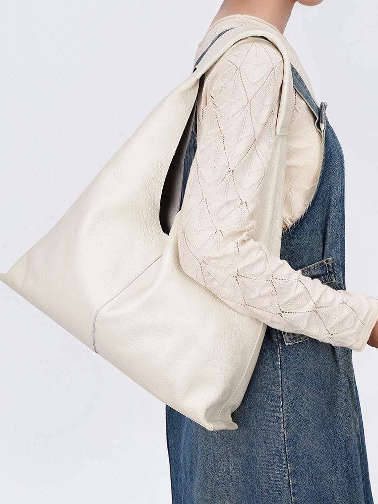 Zency High Quality Genuine Leather Women's Work Tote Bag Handbag Large Capacity Shopper Bag Beige Hobo Bag Casual Underarm Bag