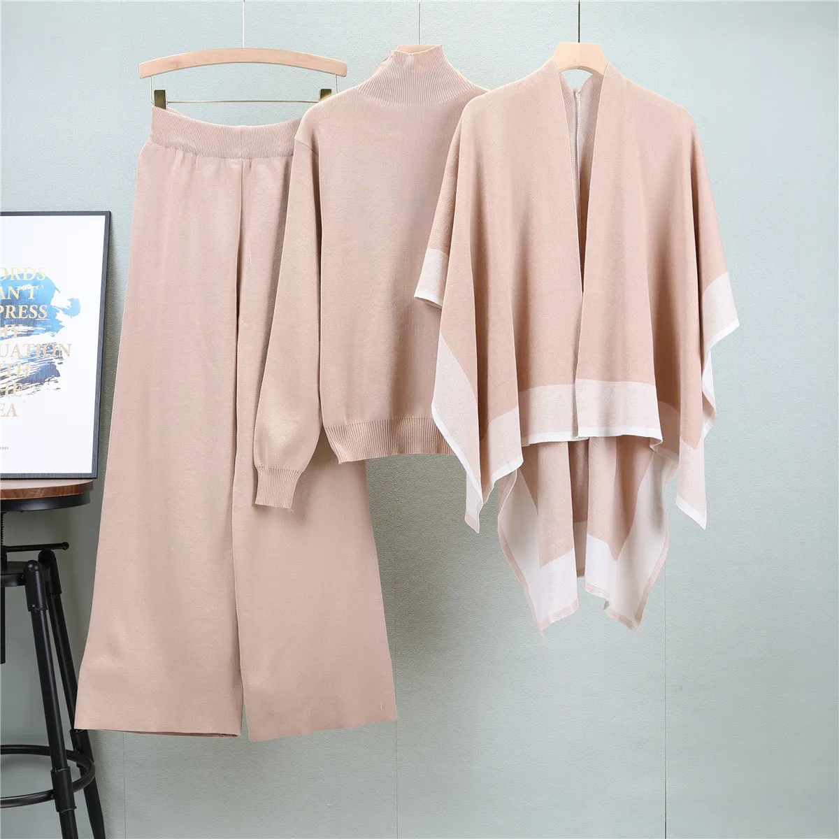 Ensemble 3 pièces tricoté de Style Vintage pour femmes, châle bloc de couleur + haut à manches longues et col mi-haut + pantalon à jambes larges