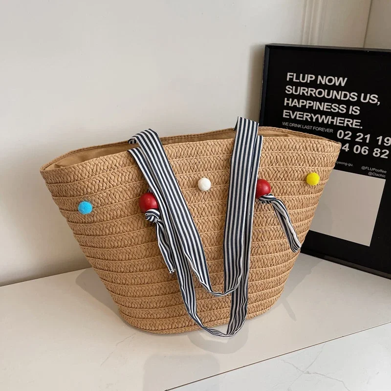 

Summer Straw Shoulder Bag For Women Handmade Woven Handbag Raffia Rattan Bag Vacation Casual Tote Bag Shopper Shoulder Handbag
