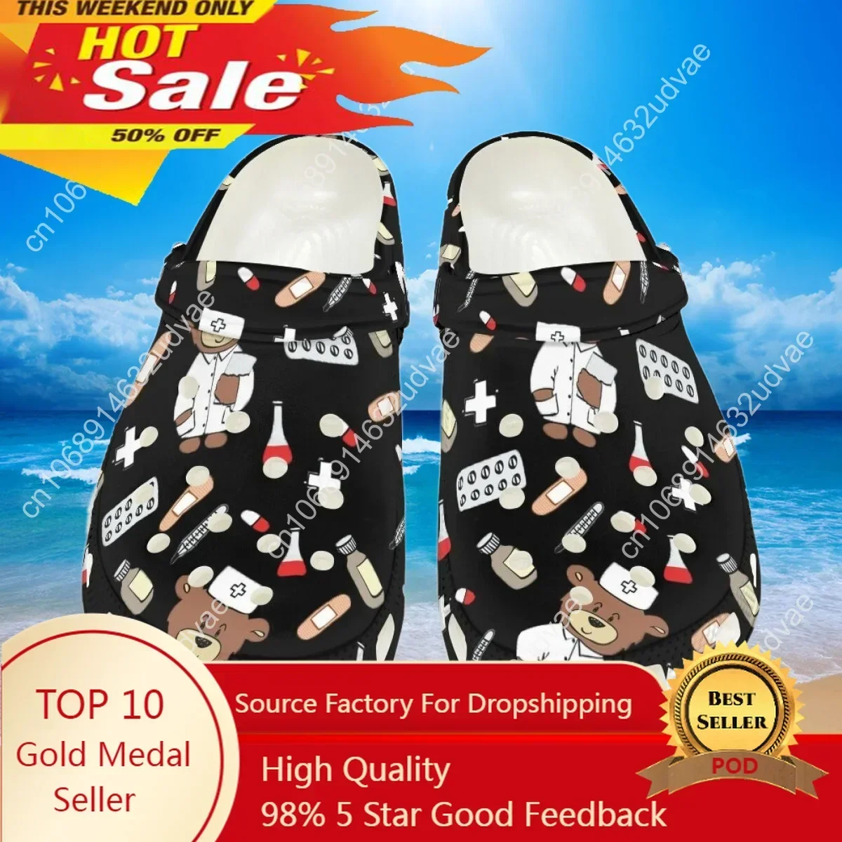 

Nurse Clogs Flats Operating Shoes Beach Hollow Sandals Casual for Men Women Cartoon Medical Bear Pattern Slippers