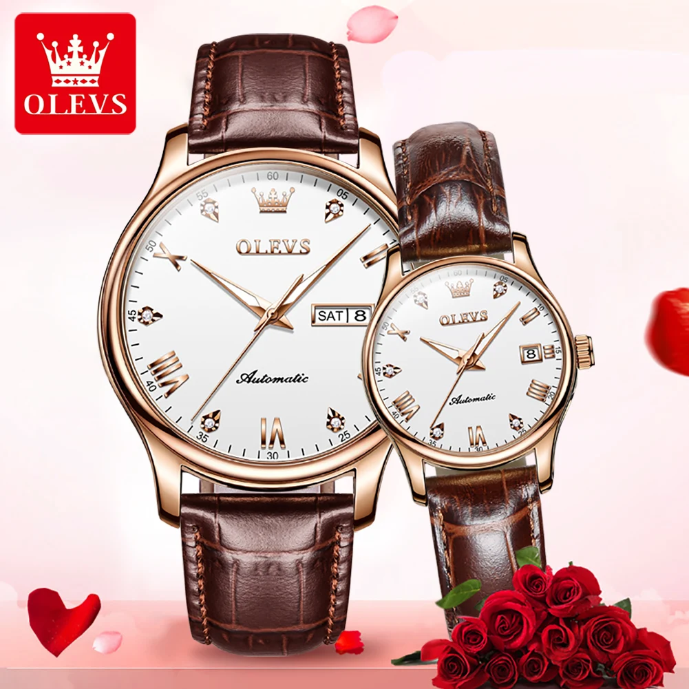 

OLEVS часы для пар, трендовые повседневные простые модные оригинальные механические наручные часы с автоподзаводом для влюбленных, водонепроницаемые светящиеся дата