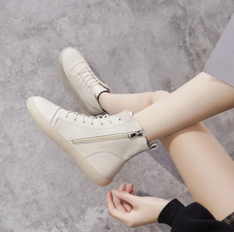2026 Genuine Leather Cow Women Ankle Boots White Sneakers Lace-up Comfortable Short Booties Autumn Winter Shoes Non-slip