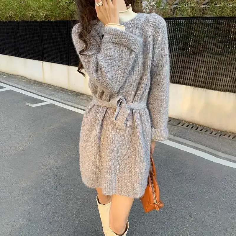 Dzianinowe sukienki damskie Solidne sznurowane A-line O-neck Midi Winter Korean Style Warm Sweet Lovely Chic Loose All-match 4 Colors S-3XL