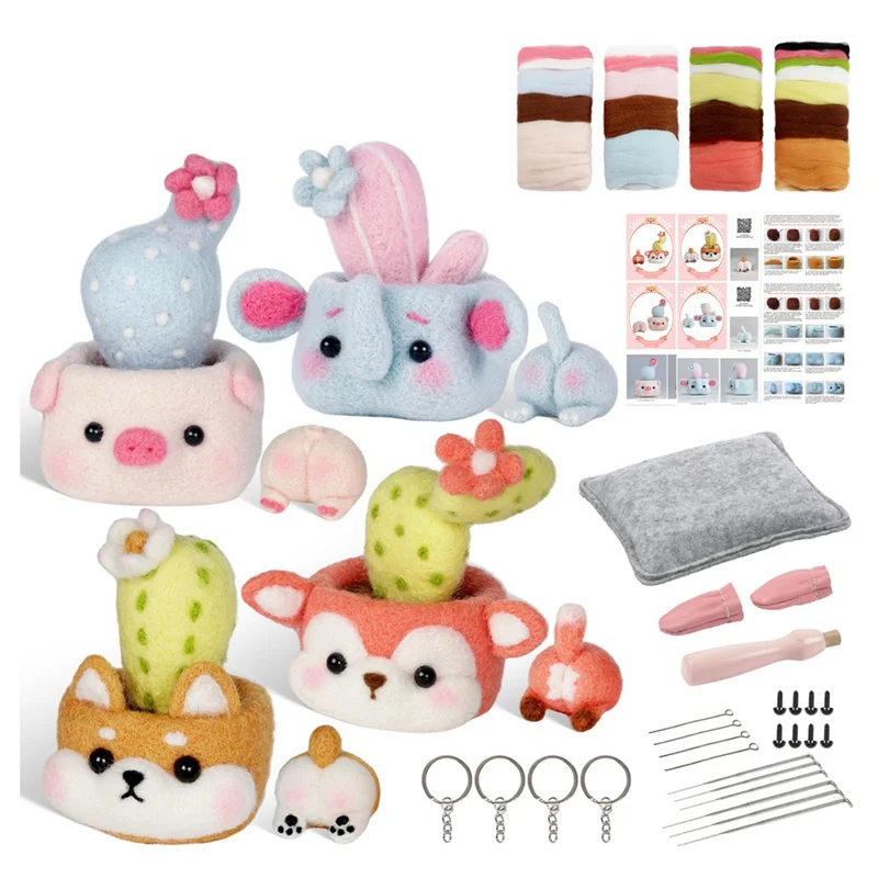 

PZHI-Plant Pot Cactus Needle Felting Kits Material Pack For Beginner,Needle Felting Kit,Felt Needles,Foam Pad,Felt Cloth,Instruc