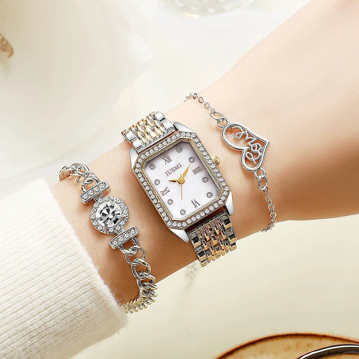 

Элегантный двухцветный комплект часов и украшений с жемчугом - прямоугольные часы, инкрустированные стразами, браслеты с подвесками в виде подсолнуха и сердца, Sop