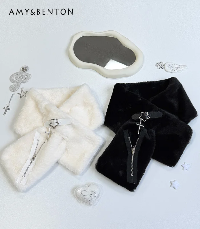 

Оригинальный милый мультяшный кожаный лоскутный плюшевый шарф с пряжкой, универсальный элегантный милый шарф, кавайный субкультура, готический мягкий шарф