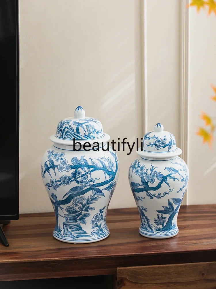 Blue and white porcelain general jar ceramic ornament living room storage new Chinese decoration hand-painted