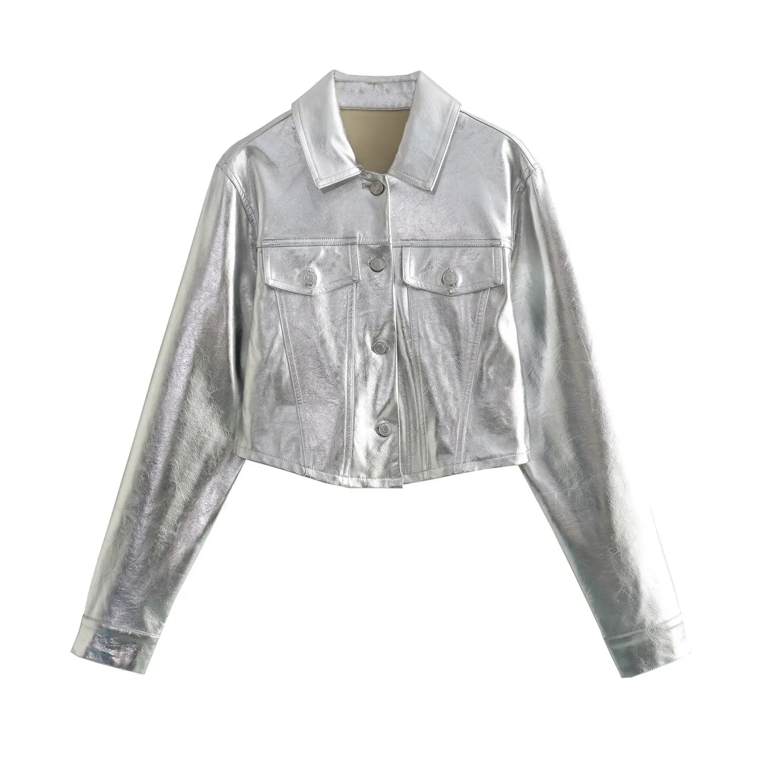 2023 American Retro Lapel Double Pockets Faux Leather Metal Silver Jacket Mid Waist Straight Pants Cool Outerwear