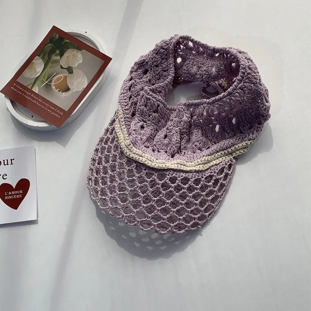 

Casual Sunscreen Crochet Empty Top Cap Sunshade Knitted Hollow Out Visor Hat Foldable Soft Drawstring Hat High Ponytail