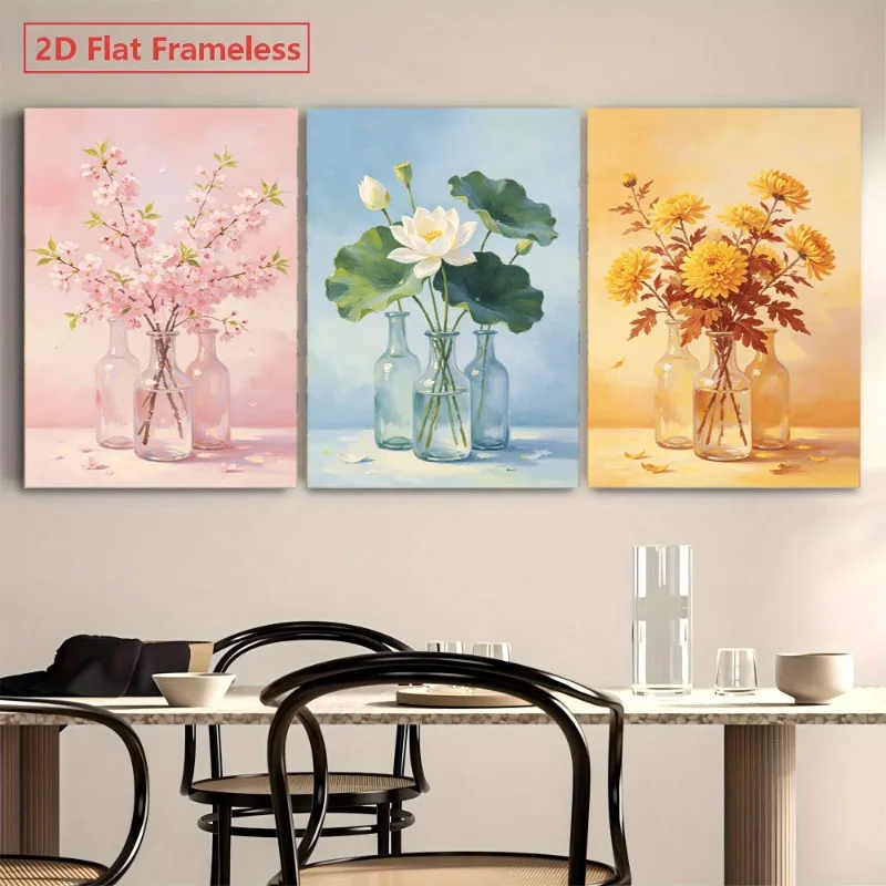 2D Flat, 3pcs /East Asian Floral Canvas Wall Art Suitable for Living Room, Dining Area - Horizontal Retro Modern Minimalist P