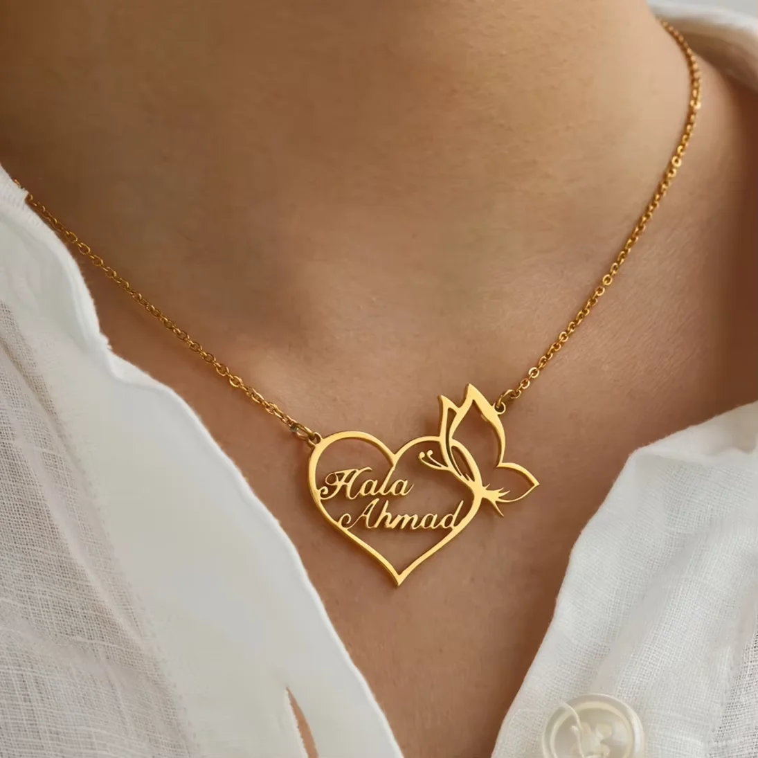 Custom Double Name Necklace For Women Stainless Steel Heart Butterfly Personalized Nameplate Necklaces Romantic Couple Jewelry