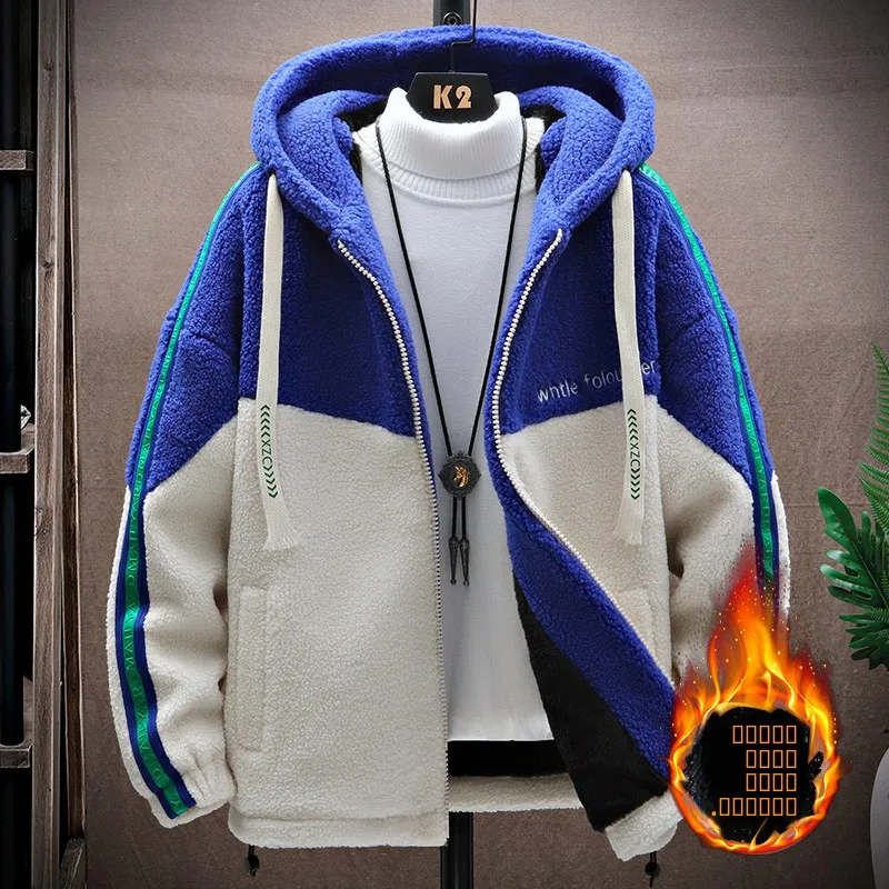 

Winter Thiened Lamb Fur Particle Velvet Jaet Men's Cotton Coat Loose Embroidered Hooded Lamb Velvet Cotton Clothes