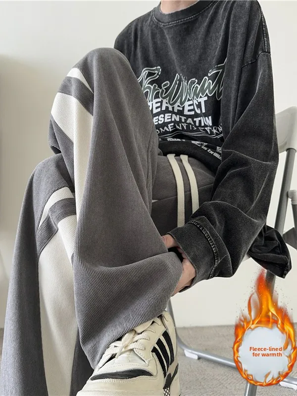 

Thiened Corduroy Men's Casual Pants Color Blo Warmth Straight Leg Autumn Winter Leisure Sports Sweatpants Trendy Loose Fit