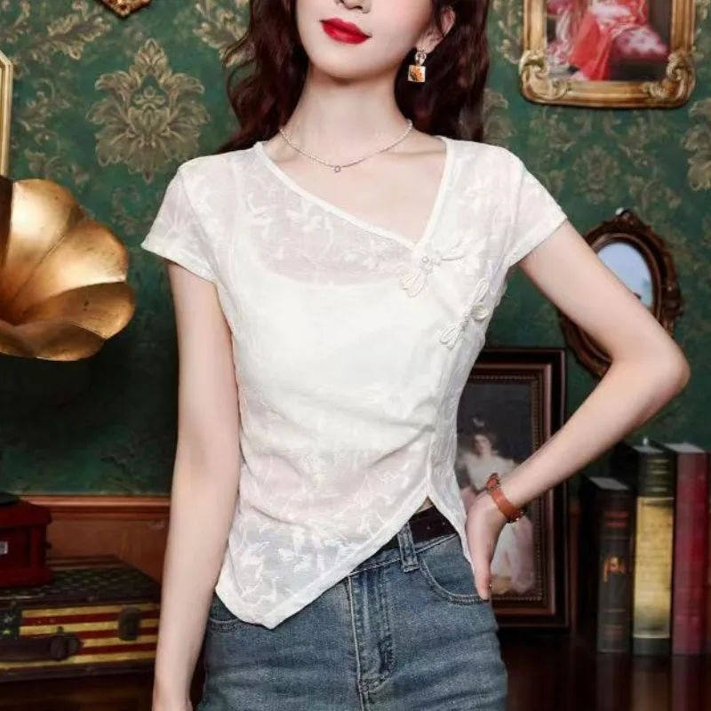 Irregular Pullover V-neck Patchwork Lace Women\'s 2024 Summer New Chinese Style Button Solid Color Slim Elegant Short Sleeved Top