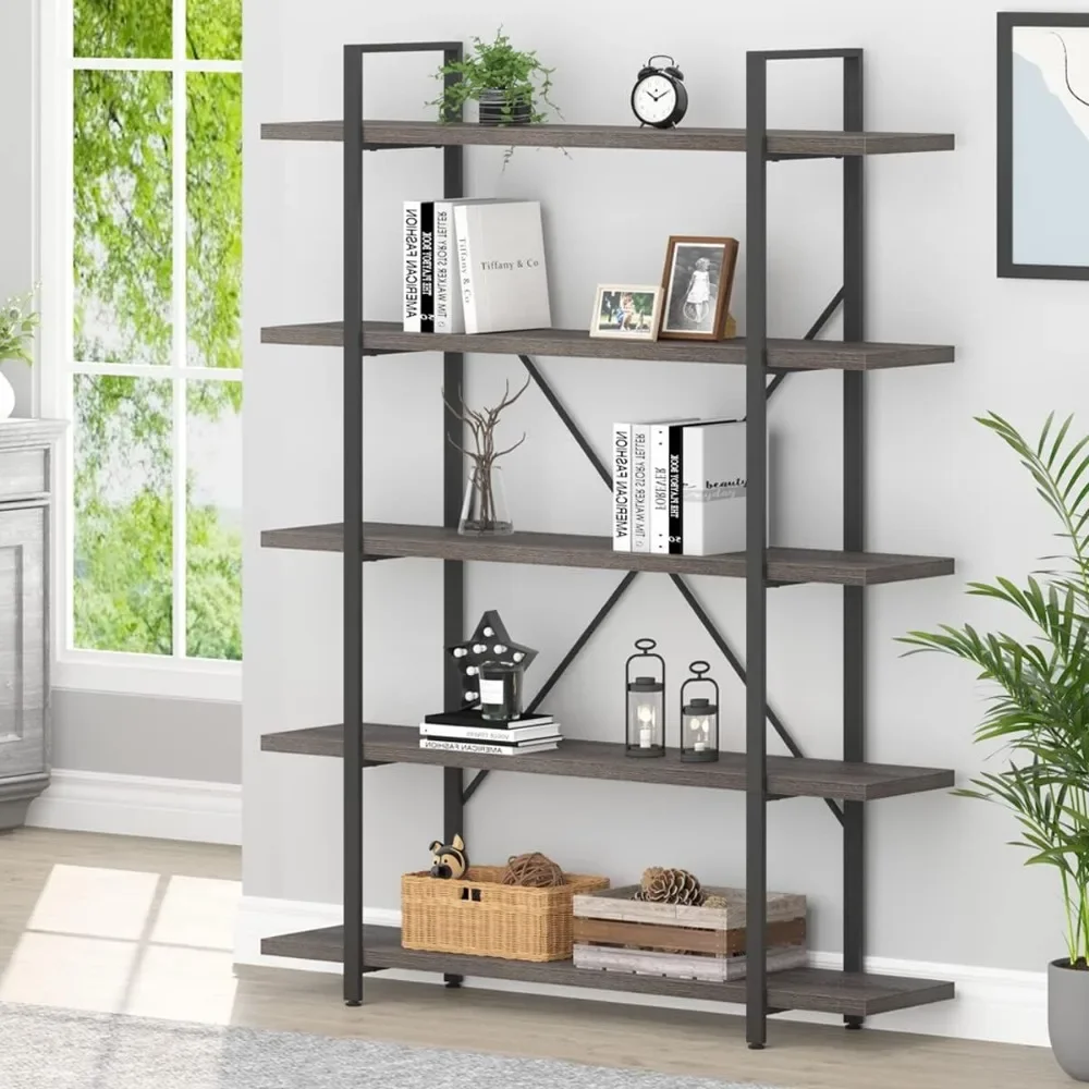 Bookcases Industrial Modern 5 Tier Tall, Rustic Wood and  for Bedroom Living Room,Vintage Open Wide Vertical  Large Book Shel