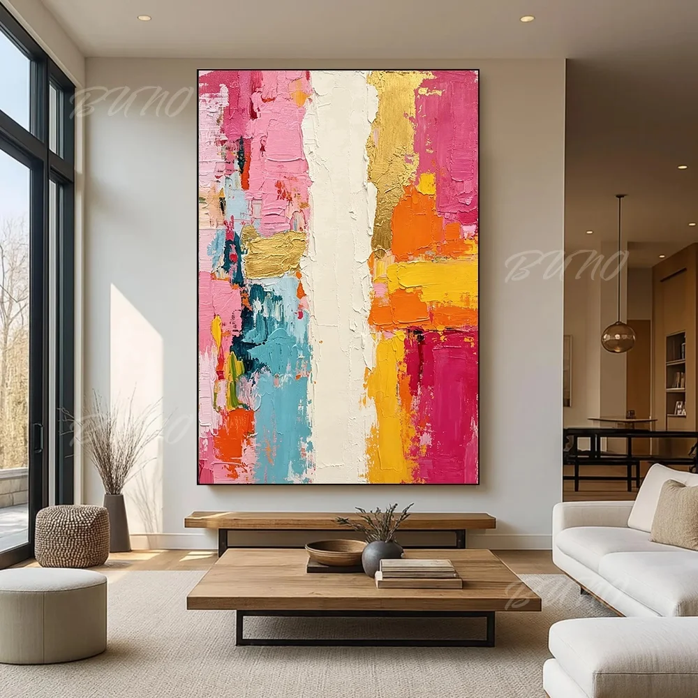 Hand Painted Abstract Oil Painting Gold Foil Textured Wall Art Vibrant Pink Teal for Living Room Bedroom Decor 100% Original