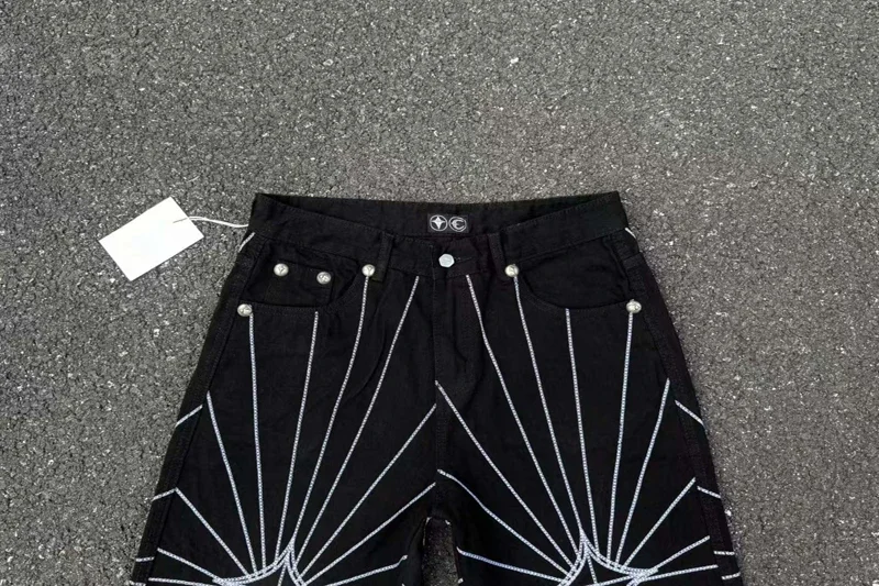 التطريز شبكة العنكبوت نمط الأسود البلطجة نادي الجينز الرجال النساء جودة عالية مستقيم فضفاض صالح واسعة الساق الدنيم السراويل داخل العلامة #3