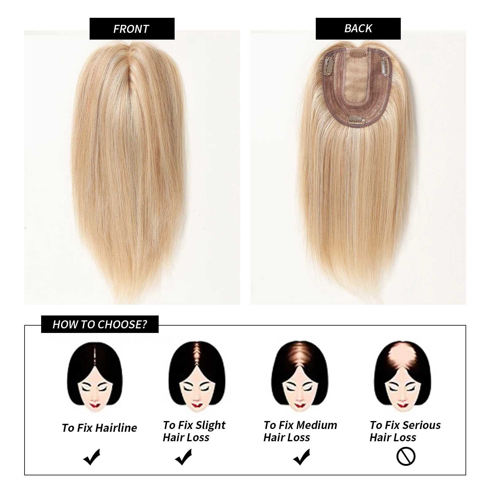 Toppers de cheveux humains Remy pour femmes, surbrillance blonde dorée, morceaux de perte de cheveux, clip de base injBase, densité 100%, 12 po, 150%