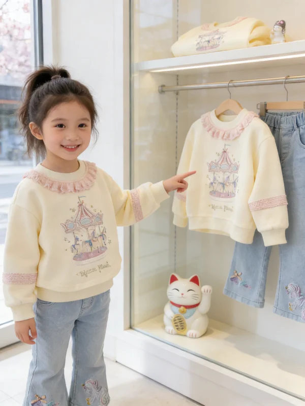 

Spring Season Girls' Sweatirt Lace Trimmed Heavy Embroidery Two-Piece Set Faionable Korean Sle round Ne Long Sve