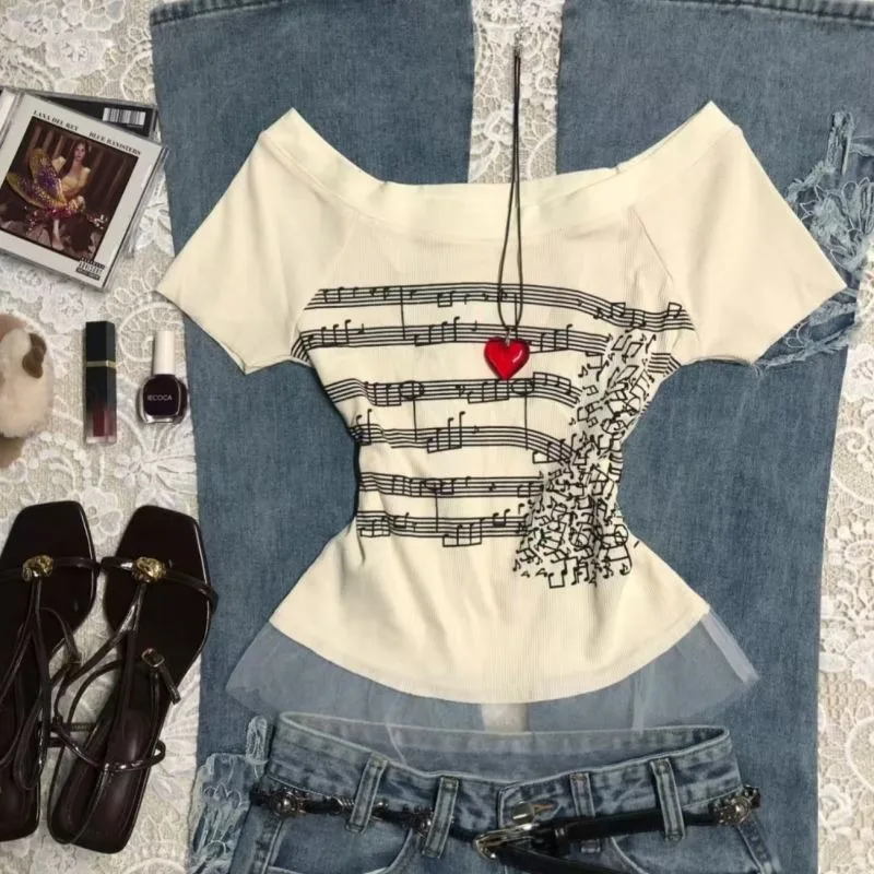 

Y2k Vintage Slash Neck Off Shoulder Print T-shirts Slim Fit Short Sleeve Top for Women 2025 Summer New All-match Tee Shirt