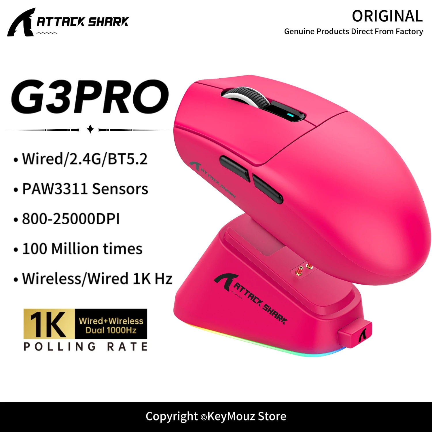 ATTACK SHARK G3PRO Tri-Mode Gaming Mouse PAW3311 Sensor 25K DPI 1000Hz Polling Rate Lightweight with RGB Magnetic Charging Dock