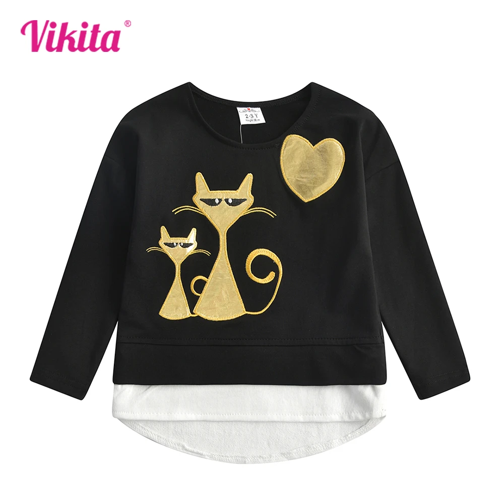 Vikita-camiseta de algodão de manga comprida para meninas, gola redonda, design dos desenhos animados, estilo casual, outono e primavera