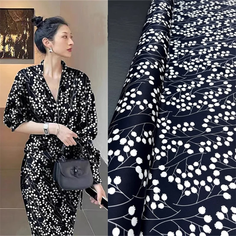 

Black Background Small Floral Printing Elastic Twill Silk Fabric Luxury Shirt Dress Natural Mulberry Silk Fabric By The Yard DIY