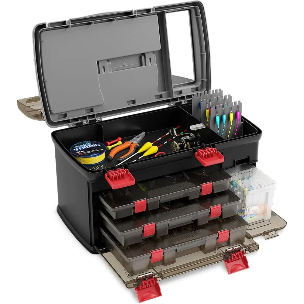 

Large Tackle Box, Portable Fishing Storage w/ 3 Customizable Boxes & Side Storage, Double-layer Top Compartment,