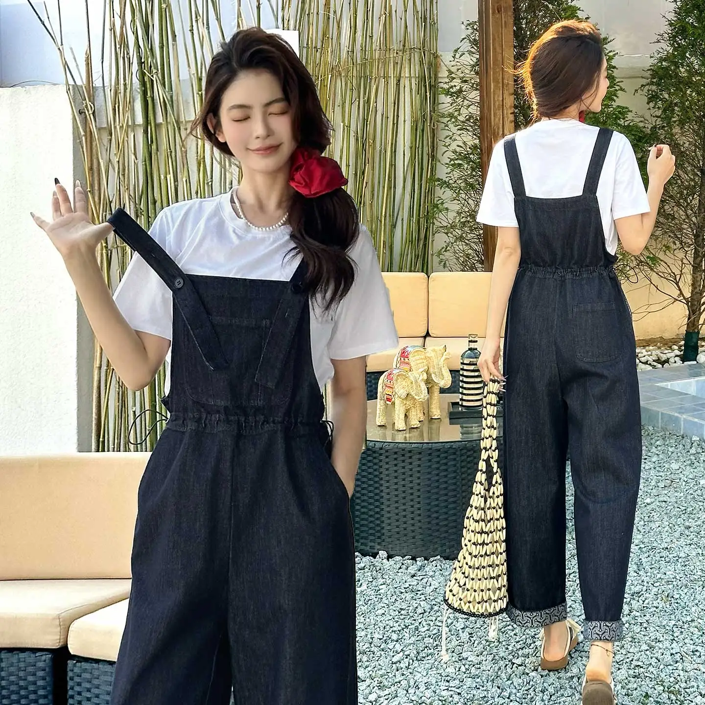 

Весенний сезонный женский джинсовый комбинезон: красивый цельный или модный комплект из двух предметов с высокой талией, длинными рукавами и застежкой на пуговицах