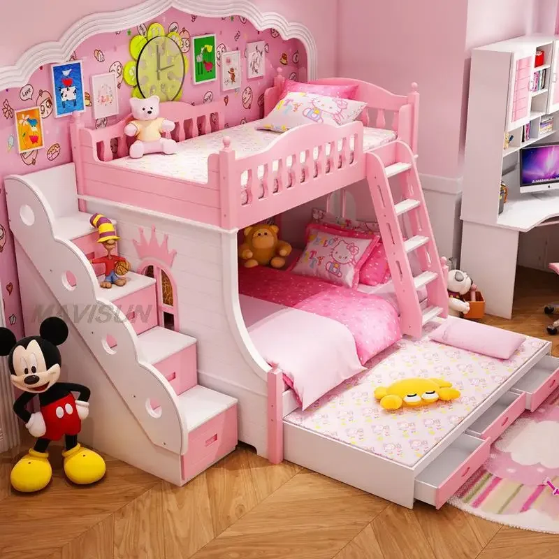 Hot Sale Modern Kids Bunk Bed Creative Lovely Pink Princess Bed For 5 To 8 Years Old Children Kids Bedroom Furniture Decoration