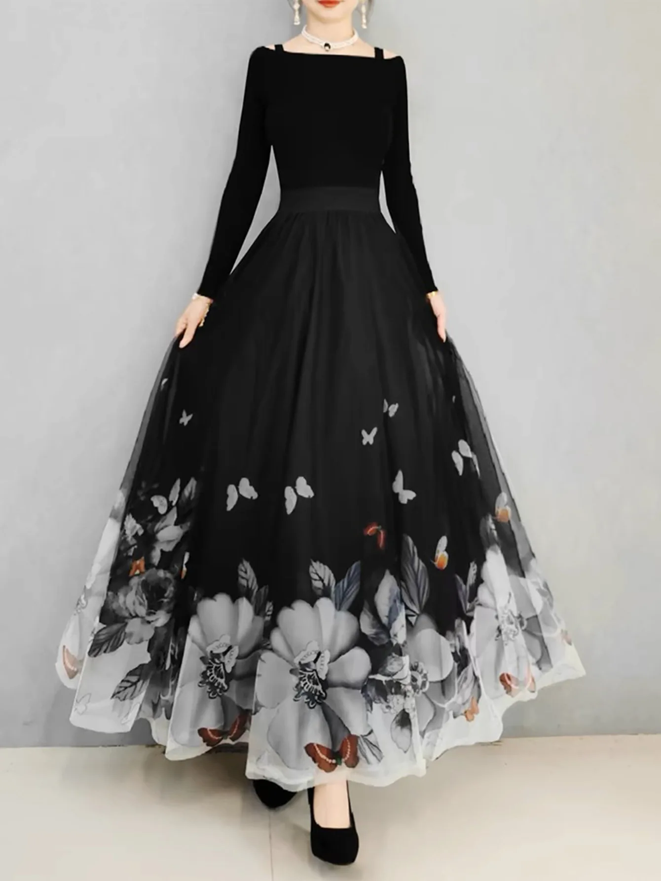 French Style Long A-Line Skirt with Floral Lace Overskirt Elegant High Waist Dance Gown Gossamer Tulle Half Body Skirt