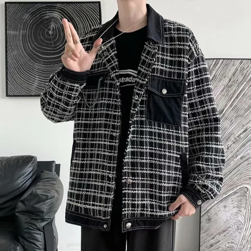 Plaid Jackets Men Casual Patchwork Baggy Vintage Autumn Long Sleeve Japaenese Handsome Harajuku Teenagers Outwear Stylish Daily