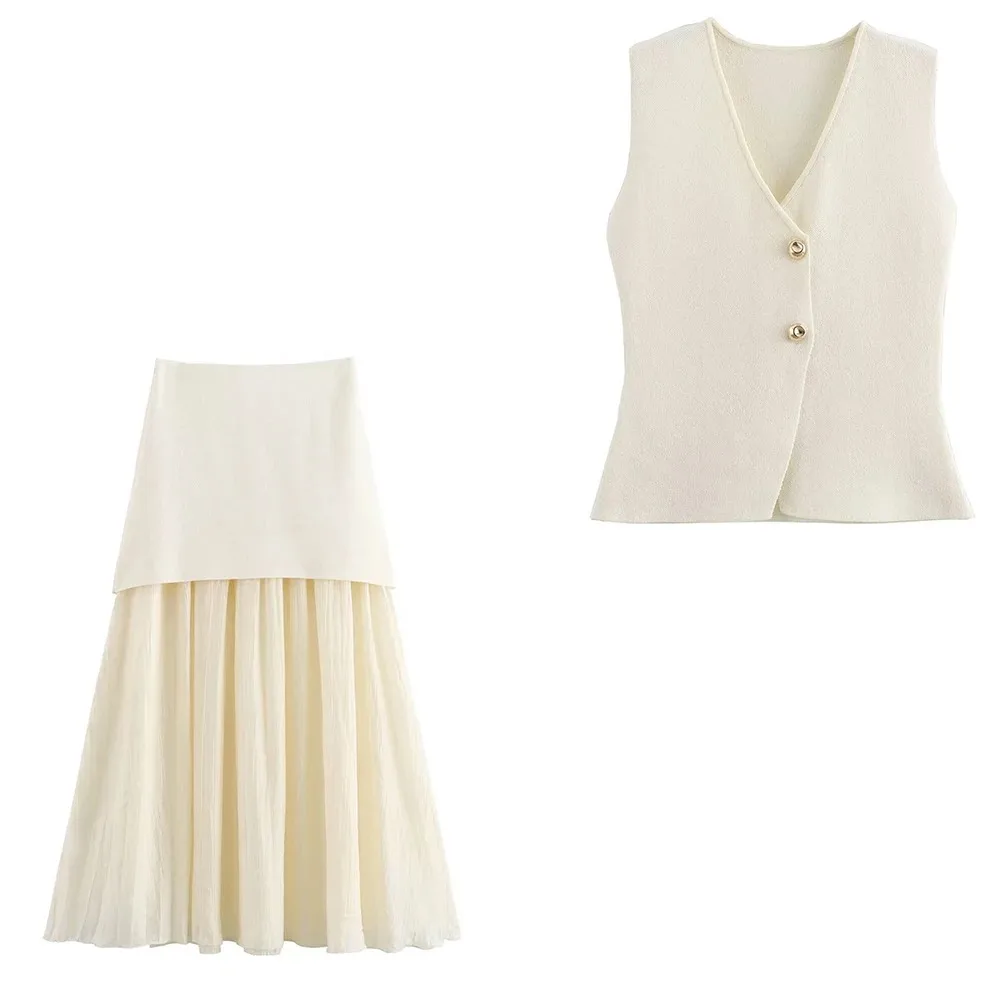 بدلة نسائية أنيقة جديدة أنيقة برقبة على شكل حرف V وزر ذهبي محبوك صدرية نسائية متماسكة صدرية نسائية تنورة طويلة مزخرفة مجعدة تنورة طويلة مزخرفة على طراز الشارع أنيقة نسائية أنيقة INS مدون مدون نفس الموديلات