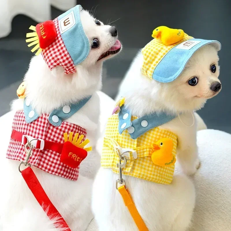 1/Set Fries Pet Harness Traction Rope Pet Wire Rope Pulling Cute Hat Three Piece Puppy Clothes Outgoing Pulling Harness Leash