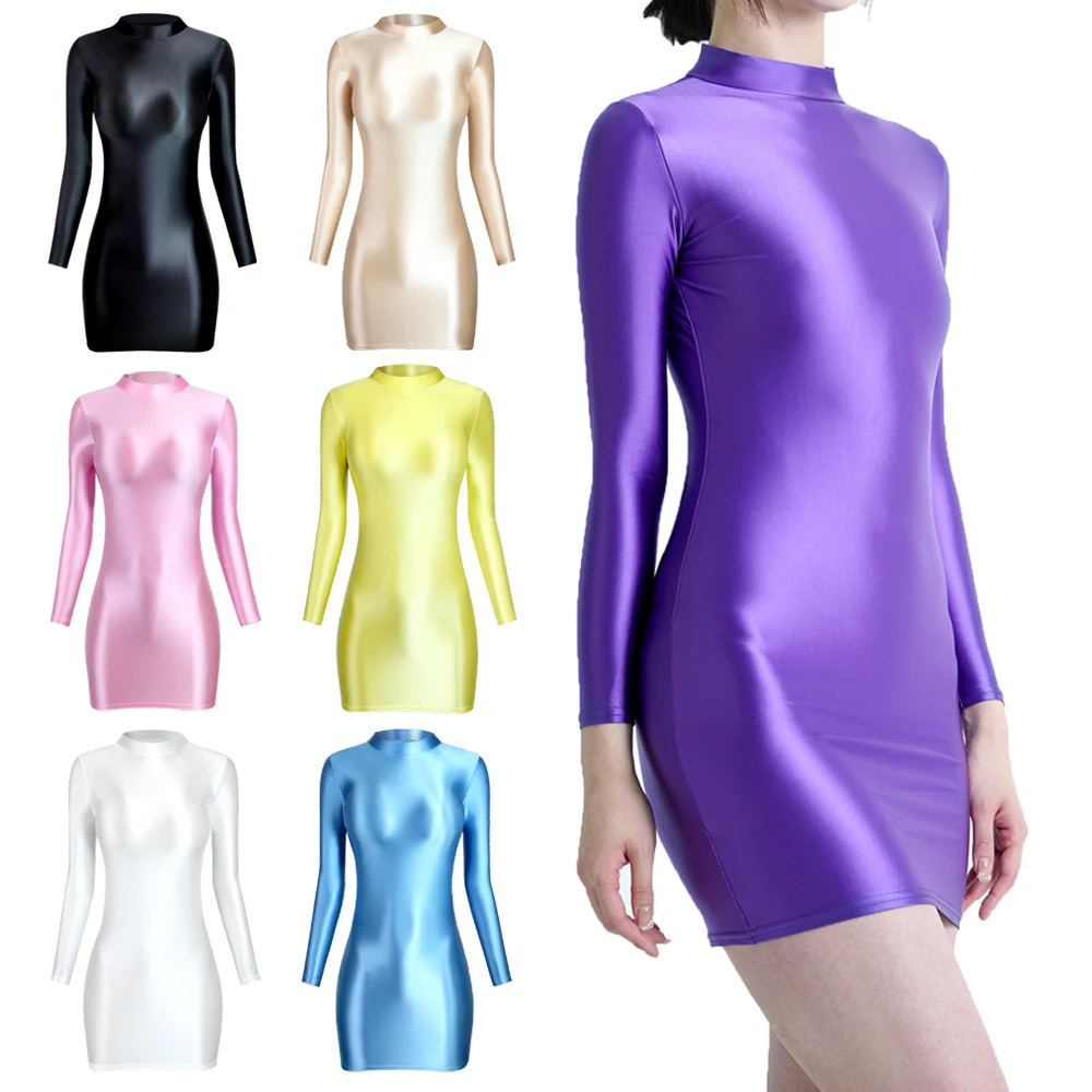 

Women Sexy Shiny Glossy Dress Hip Wrap Dresses One-step Skirt Long Sleeve Leotards High Neck Silky Tights Clubwear Bodycon Dress