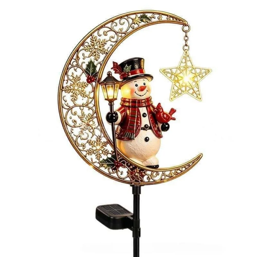 Waterproof Solar Christmas Crescent Garden Light Iron Metal Santa Claus Christmas Moon Solar Stake Light LED Glowing