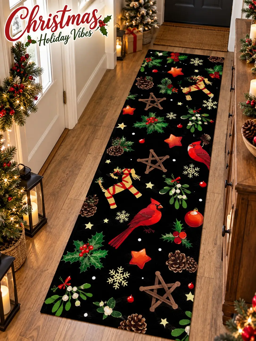 Christmas Aisle Runners Cardinals Stars Holly Branches Long Carpet Runner Rugs Gift for Family and Friends Birthday Anniversary Present Entryway Passage Decor Kitchen Sink Area Laundry Room Accent Corridor Walkway Bedroom Bedside Styling Dining Nook
