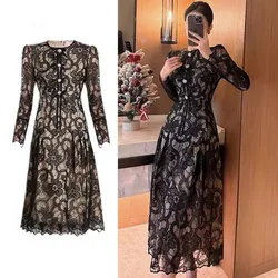 New Runway Autumn Flower Lace Midi Dress Elegant Women O Neck Diamonds Button Hollow Out Long Sleeve Ladies Office A Line Dress
